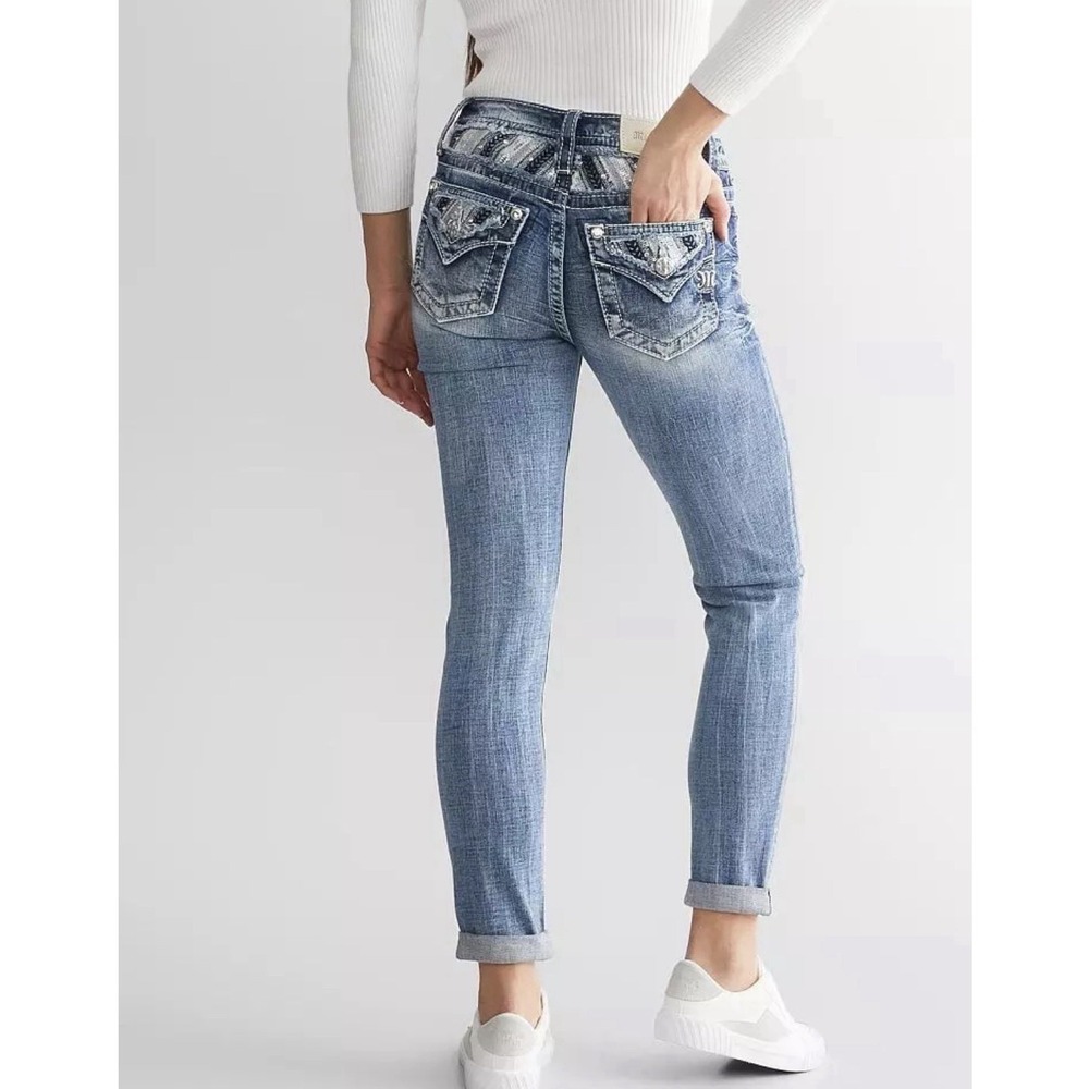 Miss Me Mid-Rise Ankle Skinny Stretch Jean Women's 28 Sequin Rhinestones Pockets